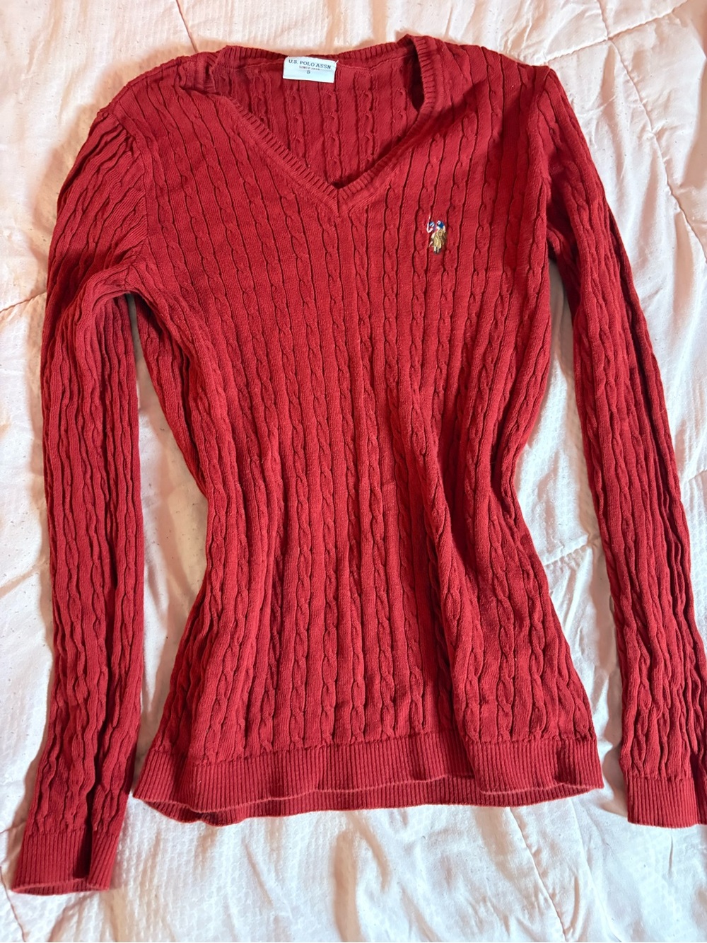 U.S. Polo Assn. Women's Red Cable-Knit V-Neck Sweater
